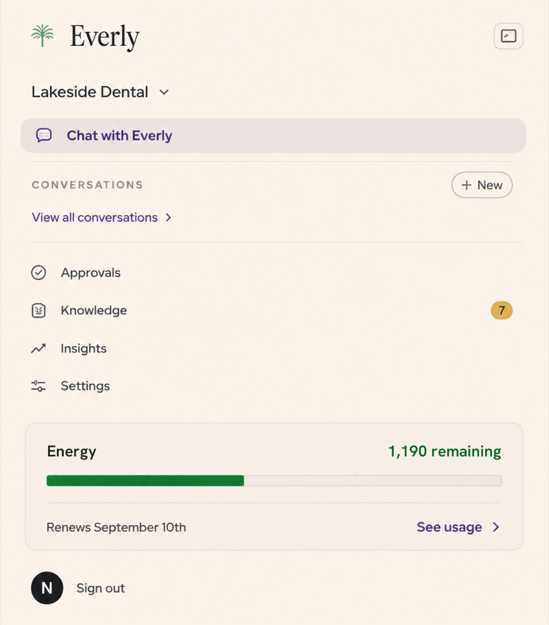 Everly's sidebar, showing Energy remaining and the renewal date